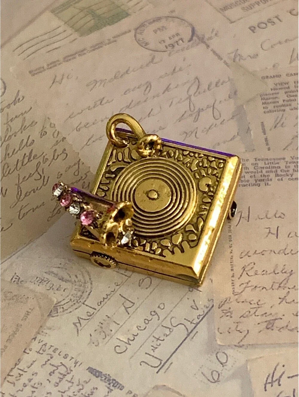 Charming Gold Tone Turntable Pin with Pink Rhinestones Retro Music Lover's Dream